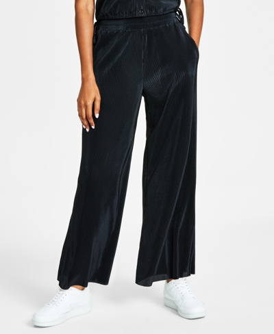 Shop Bar Iii Women's Knit Plisse Wide-leg Pants, Created For Macy's In Deep Black