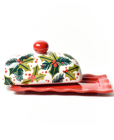 Coton Colors Balsam And Berry Holly Ruffle Domed Butter Dish In Pine