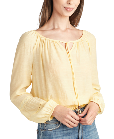 Shop Bcx Juniors' Gauze Tie-neck Long-sleeve Smocked-hem Top In Soft Yellow