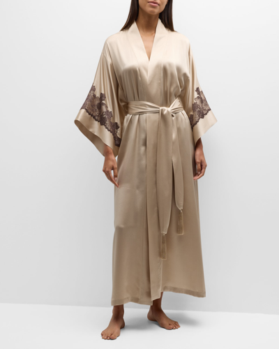 Shop Josie Natori Lolita Lace-trim Silk Charmeuse Robe In Parchment W/ Ash