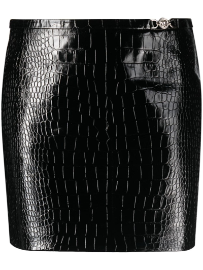 Shop Versace Coconut-effect Leather Miniskirt In Black  