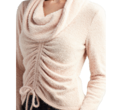 Shop Bcx Juniors' Shirred-front Fuzzy Cowlneck Sweater In Blush