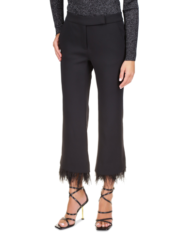 Shop Michael Kors Michael  Women's Cropped Detachable Feather Trim Stretch Crepe Pants In Black