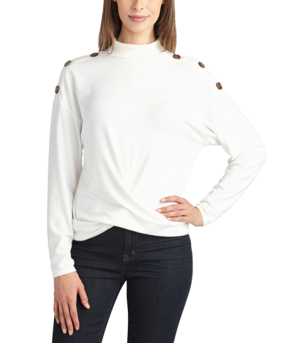 Shop Bcx Juniors' Mock Neck Ribbed-trim Crossover-hem Sweater In Off White