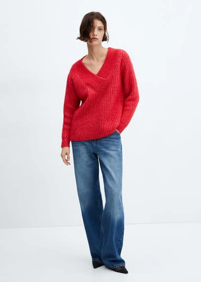 Shop Mango Chunky-knit V-neck Sweater Red