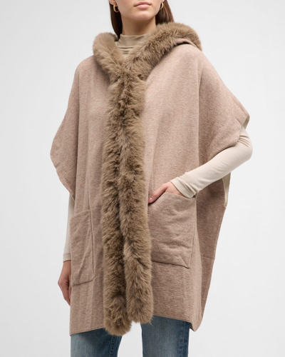 Shop La Fiorentina Hooded Faux Fur Trim Cardigan In Oatmeal