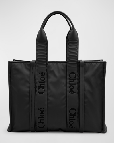 Shop Chloé Woody Large Tote Bag In Recycled Nylon In Black