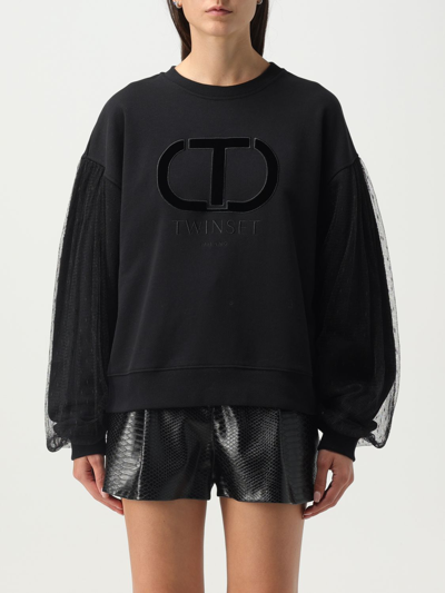 Shop Twinset Cotton Sweatshirt With Tulle Sleeves In Black