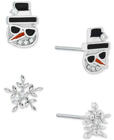 Shop Ava Nadri Silver-tone 2-pc. Set Pave Snowman & Snowflake Stud Earrings In Rhodium