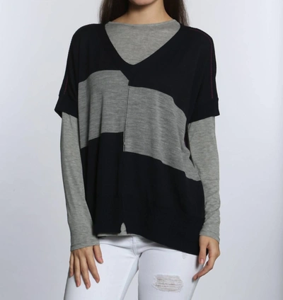 Label+thread Wide Chic Vee Poncho In Navy/grey In Multi