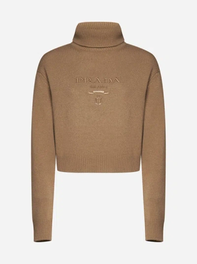 Shop Prada Wool And Cashmere Cropped Turtleneck In Camel
