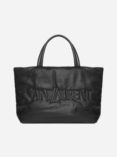 Shop Saint Laurent Logo Nappa Leather Tote Bag In Black