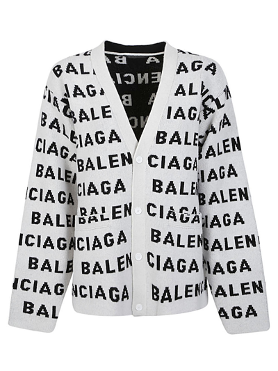 Shop Balenciaga Allover Logo Wool Cardigan In White