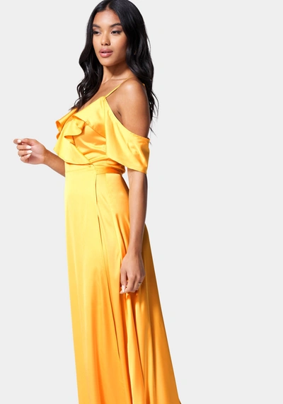 Bebe Cold Shoulder Ruffle Maxi Dress In Amber Yellow