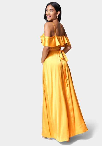 Bebe Cold Shoulder Ruffle Maxi Dress In Amber Yellow
