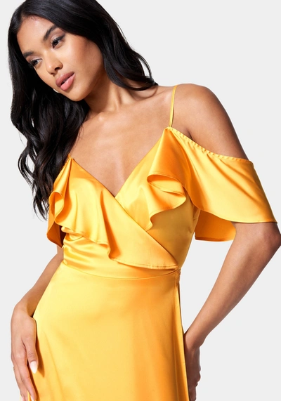 Bebe Cold Shoulder Ruffle Maxi Dress In Amber Yellow