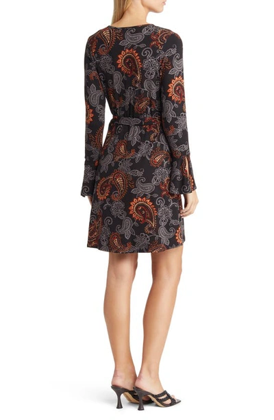 Loveappella Paisley Long Sleeve Faux Wrap Dress In Black
