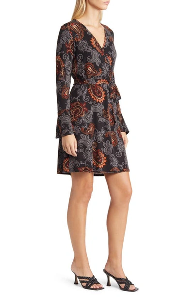 Loveappella Paisley Long Sleeve Faux Wrap Dress In Black