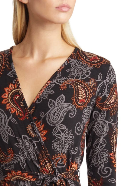 Loveappella Paisley Long Sleeve Faux Wrap Dress In Black