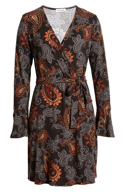 Loveappella Paisley Long Sleeve Faux Wrap Dress In Black