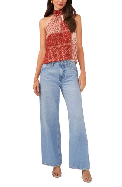 1.state Patchwork Floral Halter Neck Top In Mahogany Red