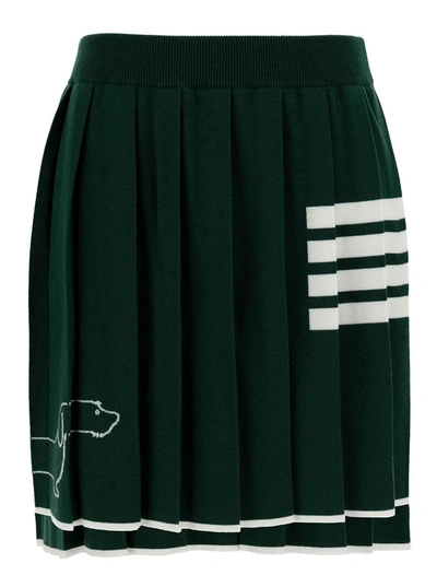 Shop Thom Browne Green Pleated Mini-skirt With Dachshund Print And 4 Bar Detail In Wool Woman