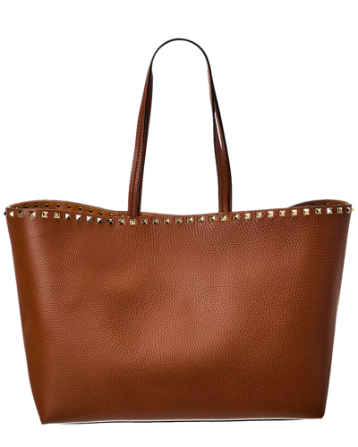 Shop Valentino Tf Dnu Rockstud Leather Tote In Brown
