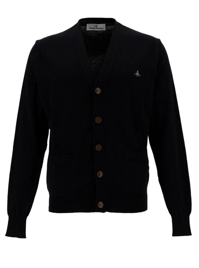 Shop Vivienne Westwood Black V Neck Cardigan With Orb Embroidery In Cotton And Cashmere Man