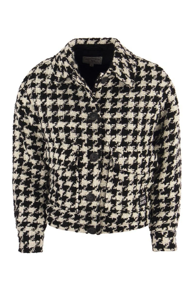 Mc2 Saint Barth Woman Cropped Overshirt With Pied De Poul Print In White/black