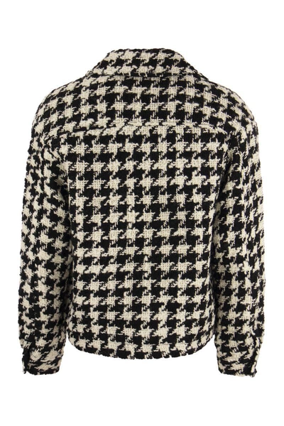 Mc2 Saint Barth Woman Cropped Overshirt With Pied De Poul Print In White/black