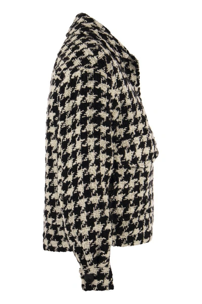 Mc2 Saint Barth Woman Cropped Overshirt With Pied De Poul Print In White/black