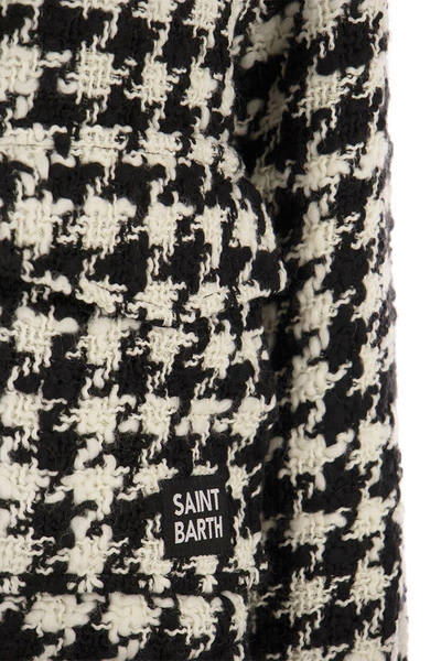 Mc2 Saint Barth Woman Cropped Overshirt With Pied De Poul Print In White/black