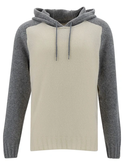 Shop La Fileria White And Grey Hooded Bi-color Sweater In Wool Blend Man