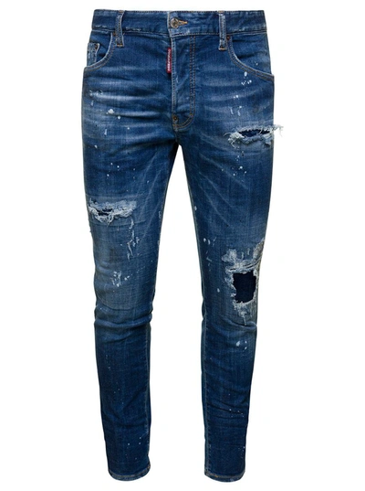 Shop Dsquared2 'skater' Light Blue Five-pocket Jeans With Rips And Bleach Effect In Stretch Cotton Denim Man