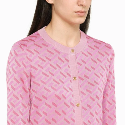 Shop Versace La Greca Jaquard Cardigan In Pink