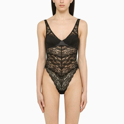 Shop Versace Satin And Lace Bodysuit In Black
