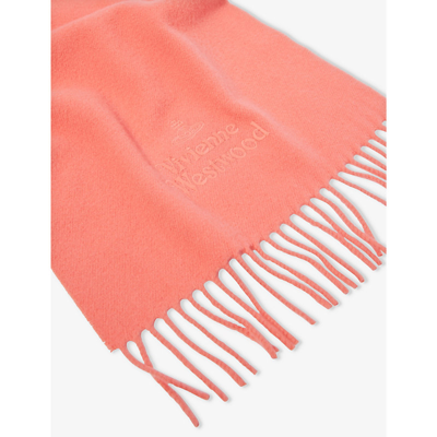 Shop Vivienne Westwood Mens Peach Brand-embroidered Fringed-trim Wool Scarf