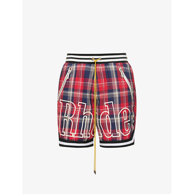 Shop Rhude Men's Multi Plaid-pattern Drawstring-waistband Cotton Shorts