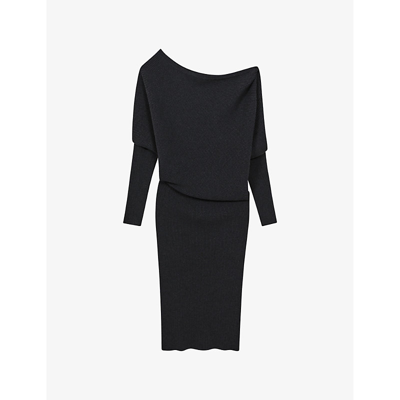 Shop Reiss Womens Charcoal Lara Off-the-shoulder Stretch-knit Midi Dress