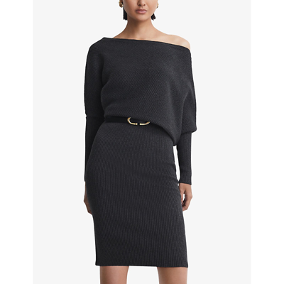 Shop Reiss Womens Charcoal Lara Off-the-shoulder Stretch-knit Midi Dress