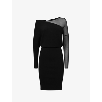 Shop Reiss Womens Black Deanna Off-shoulder Sheer-sleeve Stretch-woven Mini Dress