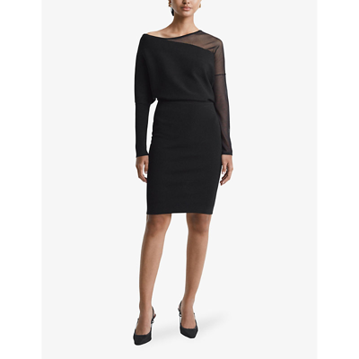Shop Reiss Womens Black Deanna Off-shoulder Sheer-sleeve Stretch-woven Mini Dress