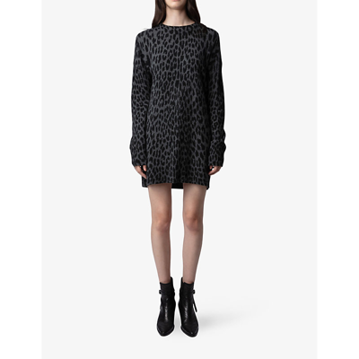 Shop Zadig & Voltaire Zadig&voltaire Womens Charcoal Malia Leopard-print Cashmere Mini Dress