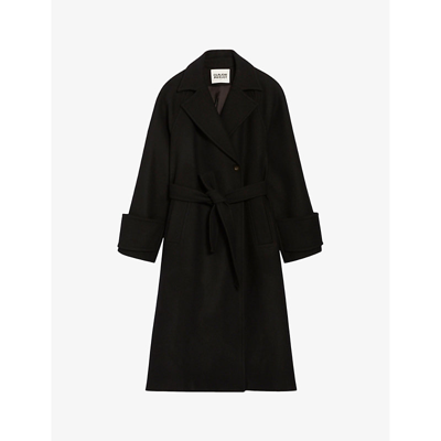 Shop Claudie Pierlot Women's Noir / Gris Gama Loose-fit Belted-waist Wool-blend Coat