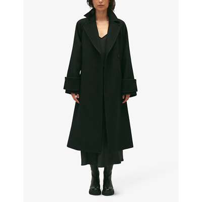 Shop Claudie Pierlot Women's Noir / Gris Gama Loose-fit Belted-waist Wool-blend Coat