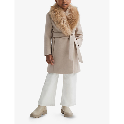 Shop Reiss Girls Oatmeal Kids Brooks Faux-fur Collar Wool-blend Coat 4-14 Years