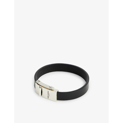 Shop Saint Laurent Men's Nero Brand-engraved Leather Bracelet