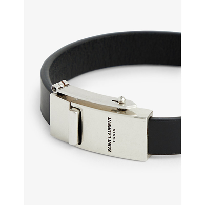 Shop Saint Laurent Men's Nero Brand-engraved Leather Bracelet