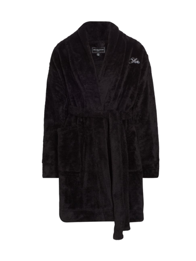 Shop Saks Fifth Avenue Men's Collection Plush Embroidered-logo Robe In Moonless Night
