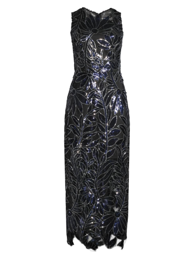 Shop Milly Women's Kinsley Floral Sequins Midi-dress In Navy Silver